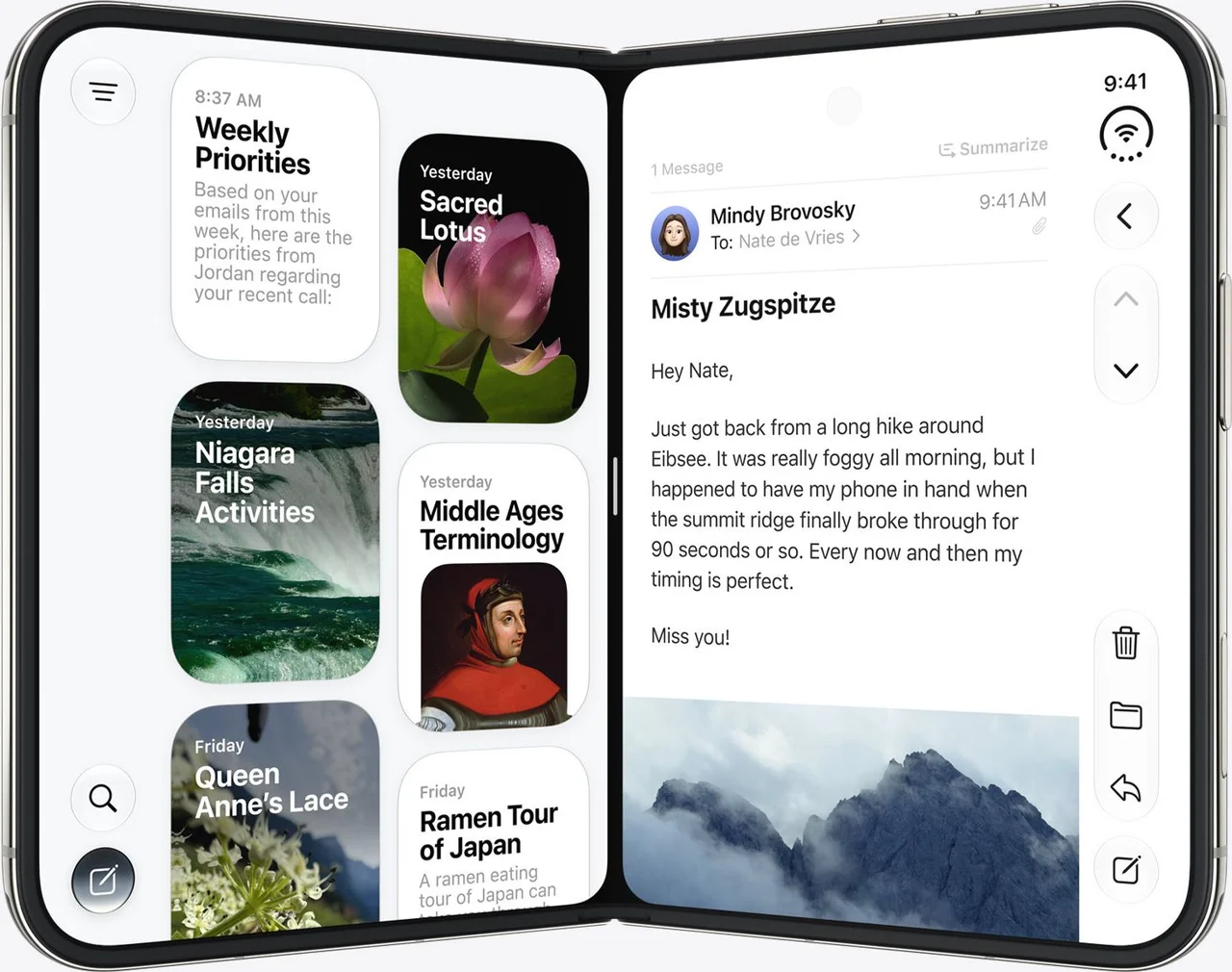 iPhone Duo open like a book, with the Siri app on the left half and the Messages app on the right