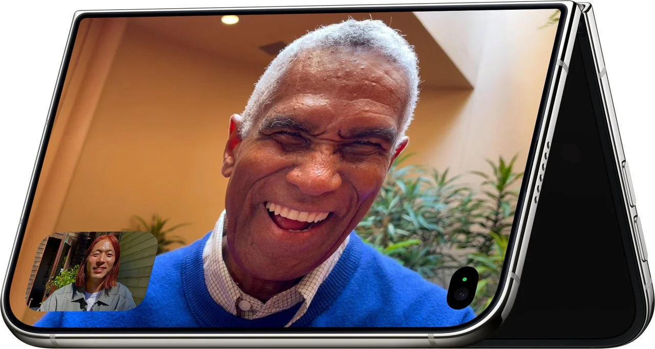 iPhone Duo standing in a tent position, showing a hands-free FaceTime call