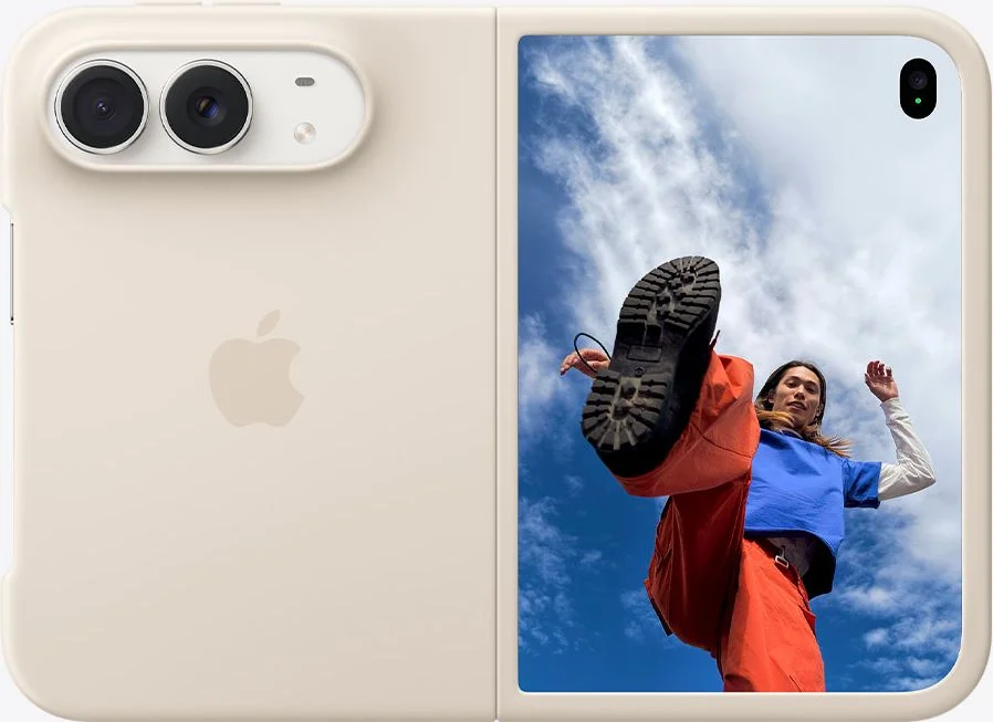 iPhone Duo in Star White in a silicone case, opened in landscape with its 48MP rear cameras visible