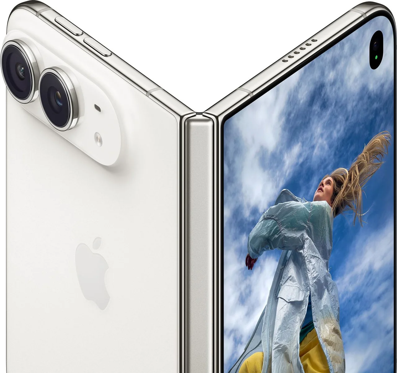 iPhone Duo in Star White partly folded, showing its 48MP rear cameras on one half and the display on the other