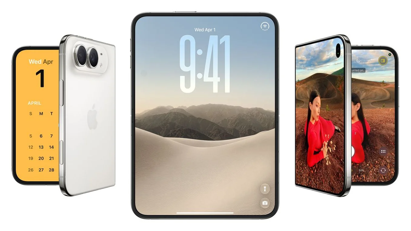 iPhone Duo in Star White shown closed, fully open and from the back, with its 7.6-inch inner display in the centre