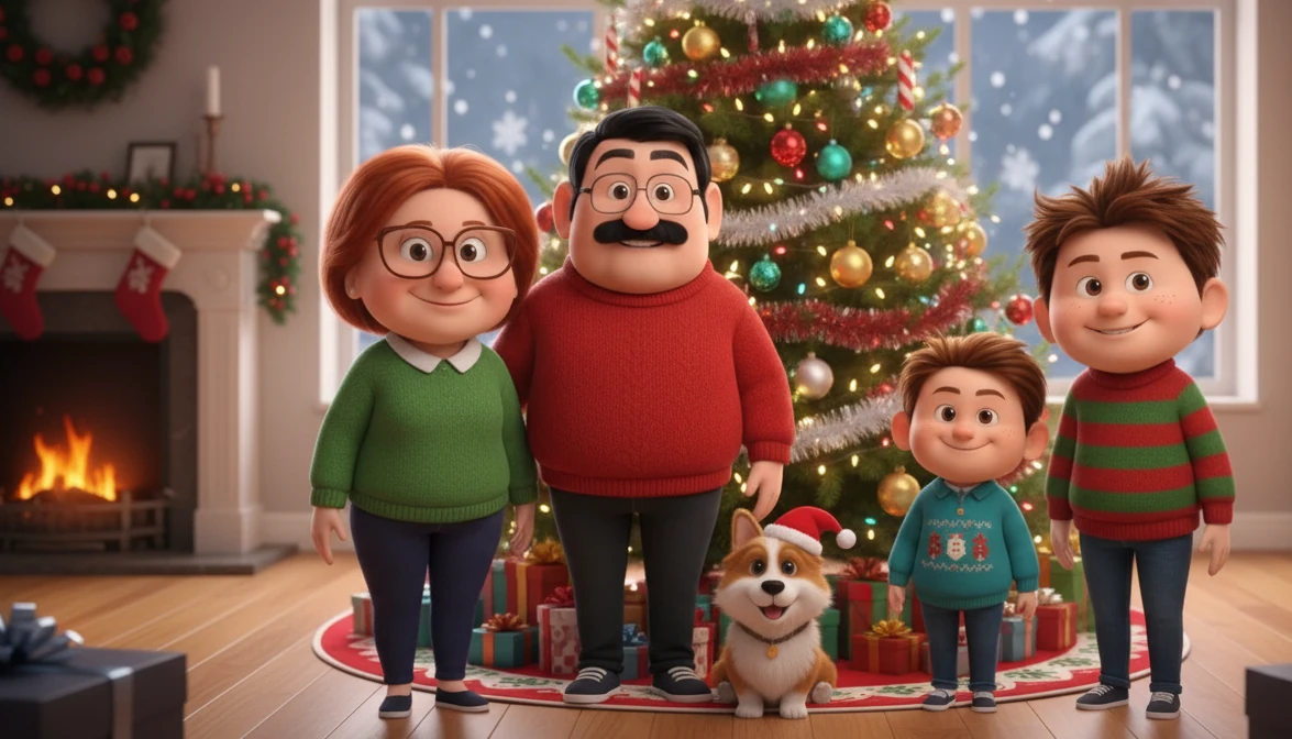 The Comparewells family celebrating Christmas with a tree, presents, and festive jumpers.