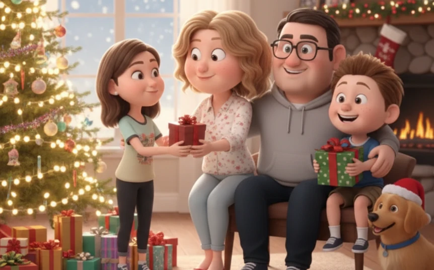 The Comparewells family celebrating Christmas by a fireplace with a tree and presents.