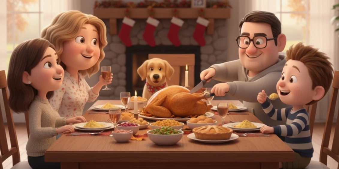 The Comparewells family gathered around the table for a Thanksgiving feast.