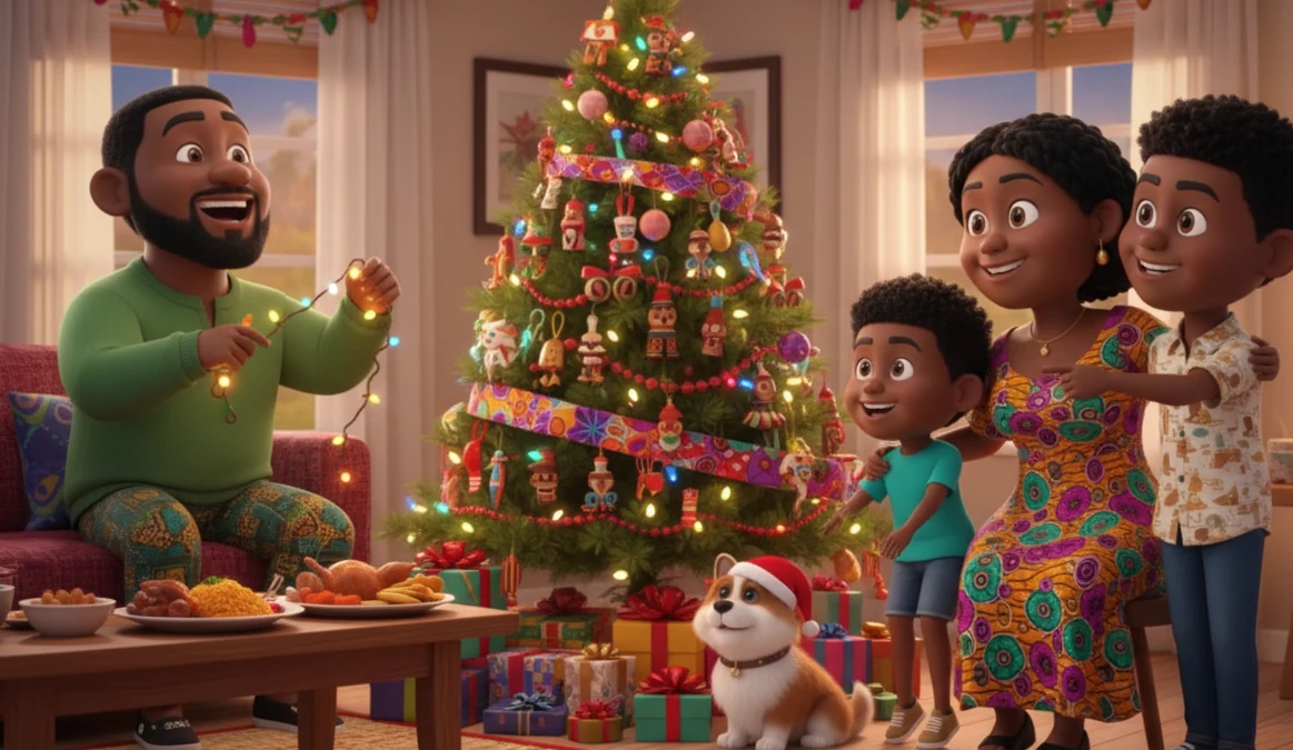 The Comparewells family celebrating Christmas with festive decorations in their Nigerian home.