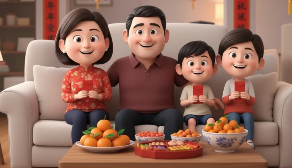 The Comparewells family celebrating Chinese New Year with red decorations and mandarin oranges.