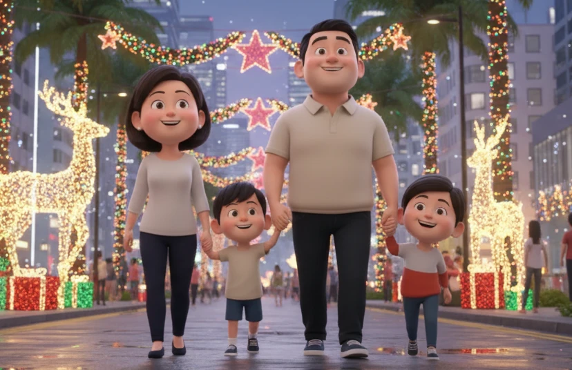 The Comparewells family enjoying the festive Christmas lights in Singapore.